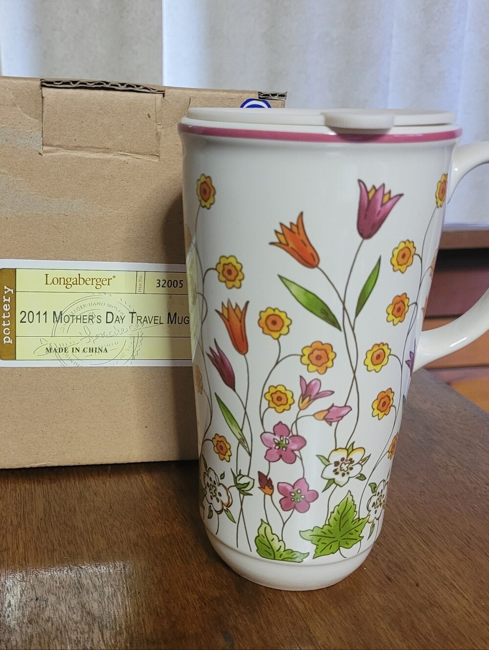 Longaberger Mother Day White Travel Mug with Pink & Orange Floral Design (116)